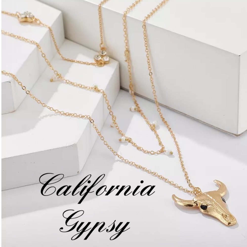 LAST ONE Western Bull skull Rhinestone Layered Necklace - Picture 4 of 5